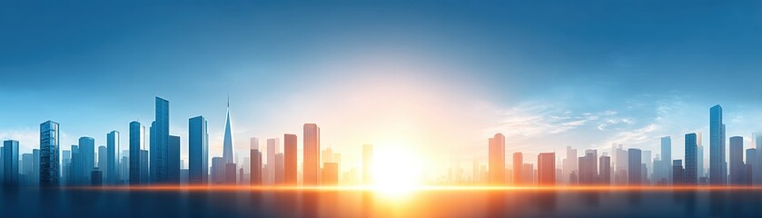 Obraz premium A vibrant city skyline at sunrise, showcasing modern architecture against a bright horizon with a clear blue sky.
