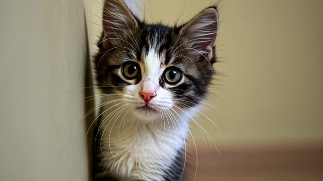 Curious kitten peeking playfully from behind a doorway in a cozy home setting
