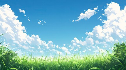 Beautiful spring meadows against the blue sky with white clouds in the background. Banner showing green meadows, perfect for the natural background of the spring vector presentation design.