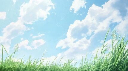 Fototapeta premium Beautiful spring meadows against the blue sky with white clouds in the background. Banner showing green meadows, perfect for the natural background of the spring vector presentation design.