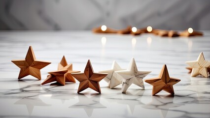 Close-up of wooden star-shaped figures aligned diagonally on a textured wooden surface.