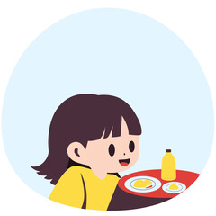 Cute cartoon illustration of a little girl happily eating and drinking at a table. Perfect for educational content, children's books, health campaigns, or meal time themed design projects.