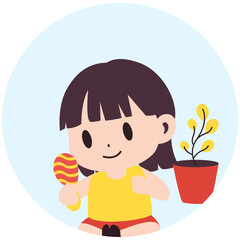 Cute cartoon girl holding a colorful rattle while sitting indoors next to a potted plant. Ideal for educational designs, baby care content, children’s books, and playful nursery-themed illustrations.