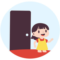 A cheerful little girl standing next to an open door, illustrated in a flat cartoon style. Ideal for educational materials, safety instructions, children's stories, or indoor activity content.