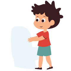 Flat cartoon illustration of a boy standing beside a toilet. Suitable for potty training content, hygiene education, bathroom routines, parenting materials, and early childhood learning visuals.