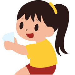 Flat cartoon illustration of a smiling girl holding a white sheet of paper. Ideal for education themes, school activities, learning visuals, reading, communication, or classroom-related content.