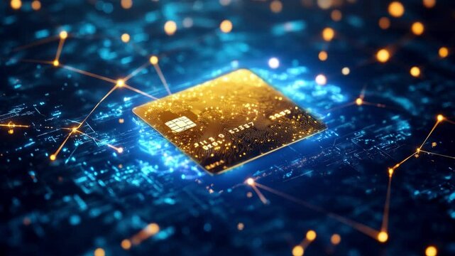 Una tarjeta de cr&eacute;dito, dinero digital, sobre una superficie de part&iacute;culas digitales con circuitos azules brillantes