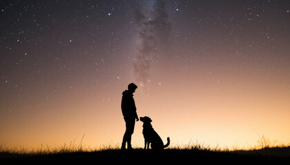 Silhouette of Man and Dog Under Starry Night Sky