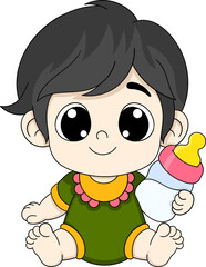 Cute Baby Holding Milk Bottle Cartoon Illustration