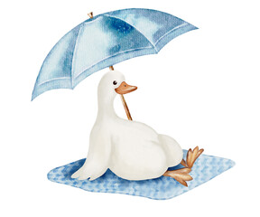 Geese enjoy a sunny day relaxing under an umbrella on a patterned fabric background