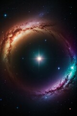 Vibrant galaxy background with swirling rainbow colors.