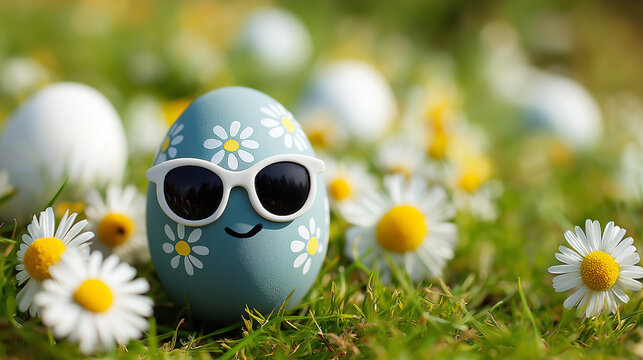Lustiges Osterei mit Sonnenbrille und Blumenmuster im Fr&uuml;hlingsgras &ndash; humorvolle Osterdekoration mit Sommer Gras G&auml;nsebl&uuml;mchen . Generative AI KI