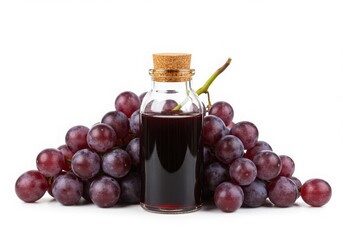 Fototapeta premium A bottle of dark liquid surrounded by a bunch of red grapes on a white background in studio shot