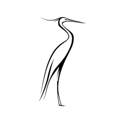 Minimalist heron bird line illustration, Elegant black and white line drawing of a heron bird standing tall, ideal for nature, logo design, or decorative use.

