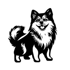 Obraz premium Happy fluffy cartoon dog illustration, Black and white cartoon drawing of a cheerful, fluffy dog with a big smile, perfect for pet themes and playful designs.