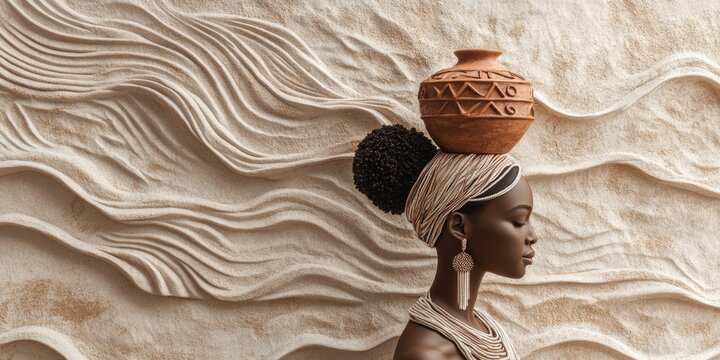 Elegant african woman balancing clay pot on head in front of wavy sand wall