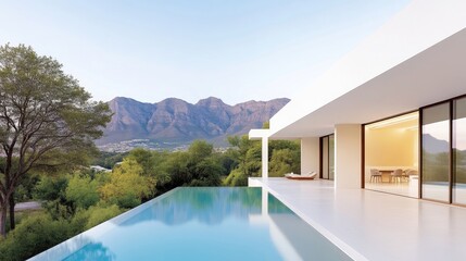 Modern house with infinity pool overlooking mountains.  Tranquil, minimalist architecture with a stunning vista.  Spacious outdoor living area and serene landscape