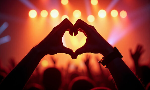 Heart shape hand gesture at vibrant music concert, celebrating love and connection among the crowd