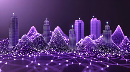 Futuristic city skyline, network of connections.  Abstract representation of urban sprawl and digital interconnectedness