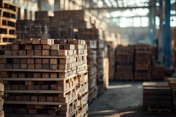 Wooden blocks stacked on pallets in a large warehouse