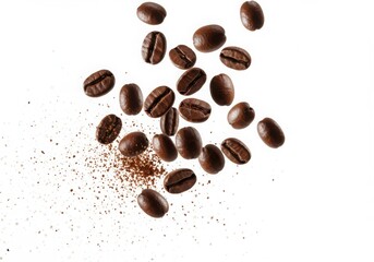 Obraz premium Scattered coffee beans with ground coffee on a white background creating a simple and clean composition
