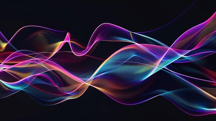 An abstract fluid 3D render showcases a captivating holographic, iridescent neon curved wave gracefully in motion against a sleek black background. The dynamic and vibrant nature of the wave, with 