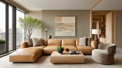 Earth-tone living room design with tan leather furniture, jute rug, wooden elements, and artistic wall paneling, grounded and natural home setting