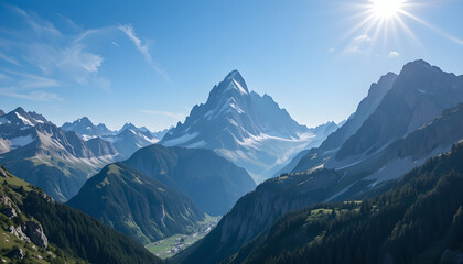 Obraz premium Stunning vista of a mountain valley with snow-capped peaks piercing a vibrant blue sky.