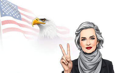 National Loyalty Day, May, American freedom, American woman standing with his fingers making the Victory sign, Bald Eagle with American Flag, Generative Ai