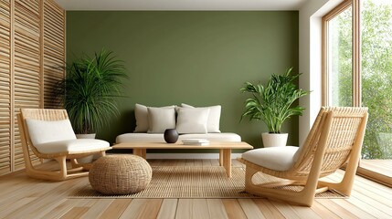Natural light-filled living room interior with green accent wall, cozy furniture, bamboo blinds, and potted plants, perfect for eco-friendly home design