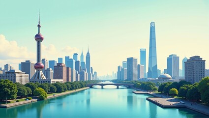 Fototapeta premium Modern River Skyline in China Shanghai features stunning panoramic view, tall buildings, calm water. Concept of Modern River Skyline in China Shanghai showcasing serene landscape.