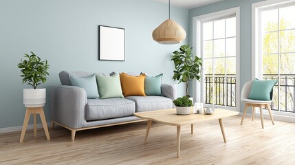 Scandinavian-style modern living room with light wood finishes, soft pastel cushions, minimalist wall decor, and peaceful home atmosphere