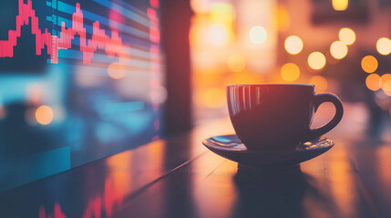 Morning coffee with a trader exploring stock market trends through double exposure candlestick charts