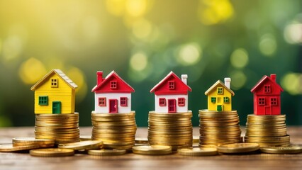 Tiny model houses with red roofs perched on stacks of gold coins