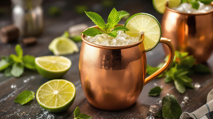 A refreshing Moscow mule cocktail in copper mug with ice, lime, and mint on rustic table