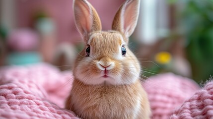 Obraz premium Cute Brown Rabbit on Pink Knitted Blanket