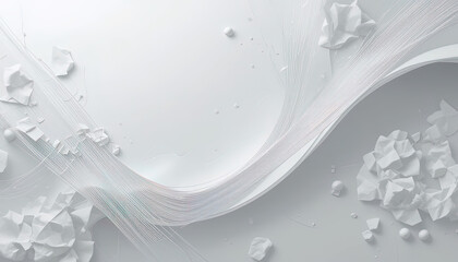 The image depicts a white, abstract composition with paper elements, lines, and a gentle wave, showcasing a minimalist style.