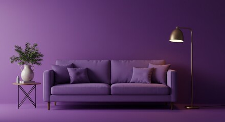 Purple Sofa Minimalist Room Design Soft Lighting. AI Generated