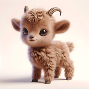 Adorable baby urial with fluffy light brown fur and short curved horns
