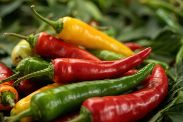 Chili peppers of varying colors and shapes