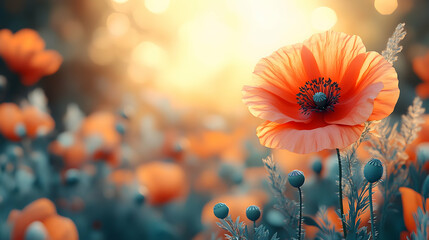 Single poppy flower in field at sunset.