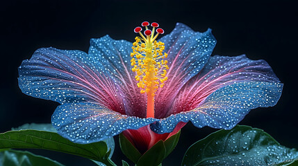 Vibrant blue hibiscus flower with dew drops on petals against black background.