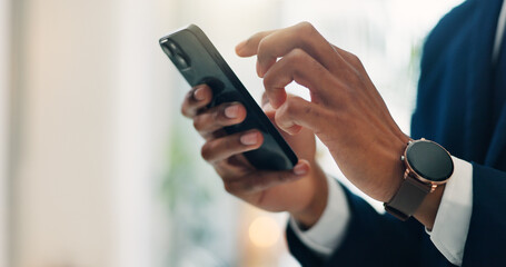 Hands, businessman and typing with phone in office for communication, schedule update and finance report. Person, mobile app and budget management, email feedback and financial account of investment
