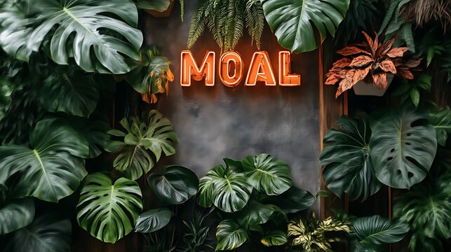 Neon sign 'MOAL' framed by lush tropical foliage on a textured wall.