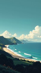 Northern Irish Coastal Mists envelop serene landscape, showcasing lush hills and turquoise waters. Concept of Northern Irish Coastal Mists captures tranquility in nature.