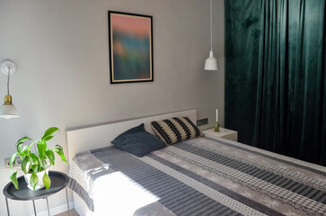 Scandinavian interior style modern bedroom in white and grey colors, minimalist furniture in bedroom area