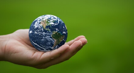 Small Earth in Hand Soft Light Green Background. AI Generated