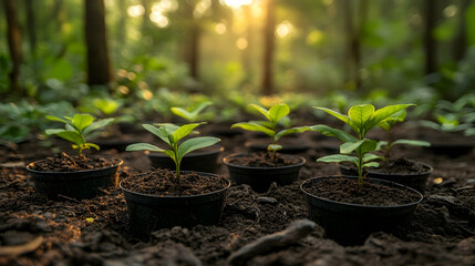 Young plants in small pots growing in rich soil at sunset.