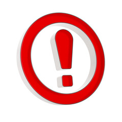Red circle and exclamation point on white background. Isolated 3D illustration