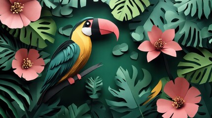 Paper toucan perched among crafted tropical foliage and decorative blossom art